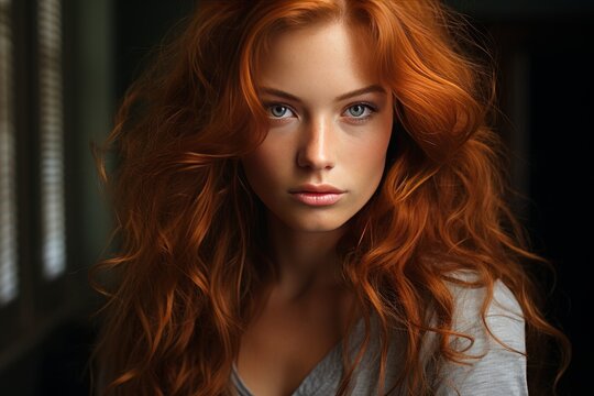 young red-haired woman in the summer sunset with warm light