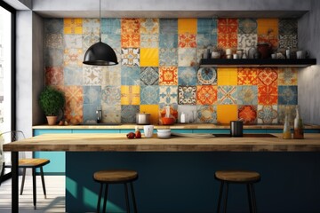 Colorful wall art with a blend of digital and ceramic tile designs for home interiors.