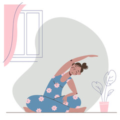Nice young woman sitting in lotus pose and doing incline. Cute cartoon girl training yoga at home.