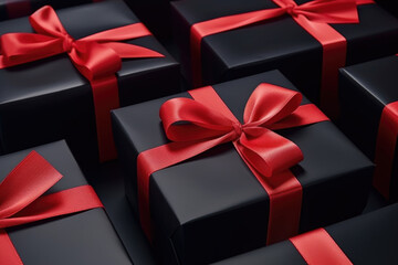 Black Gift Boxes with Red Ribbon, Black Friday