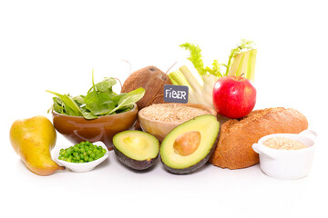 assorted of food rich in Fiber on white background