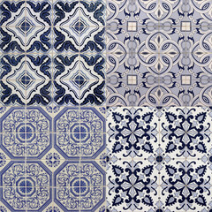 Photo collage of Portuguese azulejos - blue and white ceramic tiles texture background