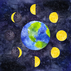 Earth planet and yellow moon phases around. Galaxy cycle from new to full moon. Hand draw watercolor illustration isolated on dark sky background. For design print, card, poster decor