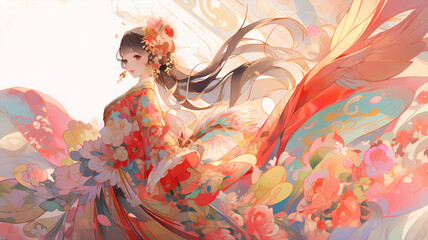 Hand-painted cartoon beautiful animation Chinese costume girl illustration
 - obrazy, fototapety, plakaty