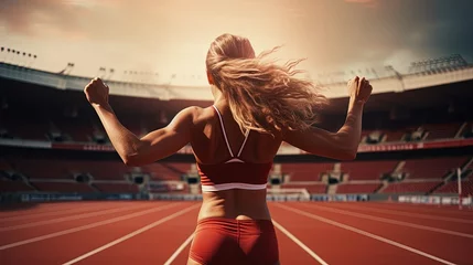 Tuinposter Sporty woman crosses the finish line on the track in the stadium © Savinus