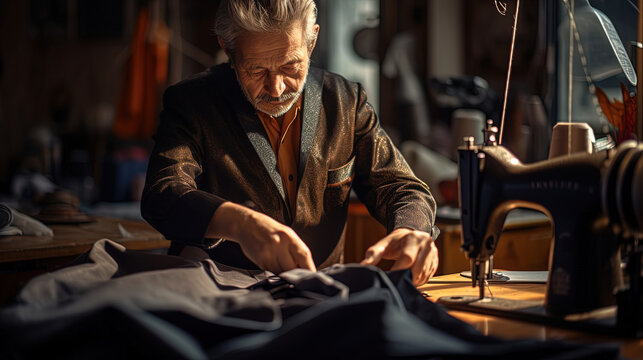 Worker in tailoring who sews clothes by hand