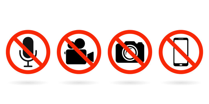 No Video, photo, phone, or sound recording forbidden icons. Photo, video, and phone prohibition symbol sign set. No photographing and filming prohibit icon logo collection.