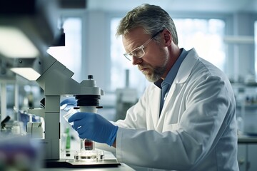 focused research scientist in a state-of-the-art laboratory, amidst microscopes and vials