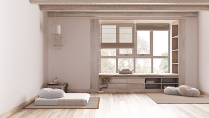 Japandi meditation room in white and beige tones, pillows, tatami mats and sitting window. Bleached wooden beams and parquet floor. Minimalist interior design