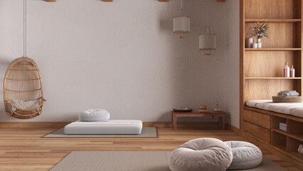 Minimal meditation room in white and beige tones, pillows, tatami mats and hanging armchair. Wooden beams and parquet floor. Japanese interior design