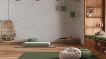 Minimal meditation room in white and green tones, pillows, tatami mats and hanging armchair. Wooden beams and parquet floor. Japanese interior design