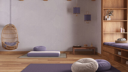 Minimal meditation room in white and purple tones, pillows, tatami mats and hanging armchair....