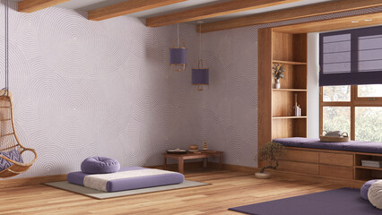 Minimal meditation room in white and purple tones. Wooden ceiling and parquet floor. Pillow, tatami mat, carpet and decors. Sitting window. Japandi interior design