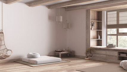 Minimal meditation room in white and beige tones. Bleached wooden ceiling and parquet floor. Pillow, tatami mat, carpet and decors. Sitting window. Japandi interior design