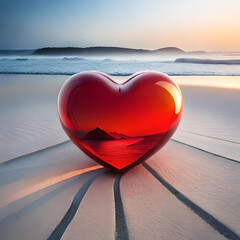 red heart shaped sea glass on white sand beach with seascape. Generative AI