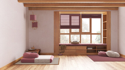 Japandi meditation room in white and red tones, pillows, tatami mats and sitting window. Wooden beams and parquet floor. Minimalist interior design
