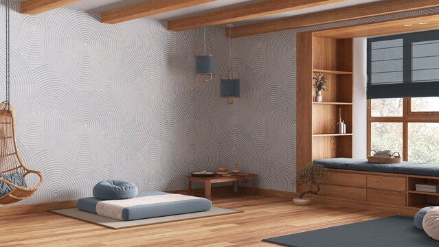Minimal meditation room in white and blue tones. Wooden ceiling and parquet floor. Pillow, tatami mat, carpet and decors. Sitting window. Japandi interior design