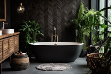 Cozy boho chic bathroom with black tub, wooden commode, mirror, decor, plants, and stylish design.