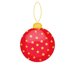 Icon of New Year's red ball with yellow stars isolated on transparent and white background.Close-up element for design decoration for New Year's holiday. Festive vector flat illustration in cartoon.