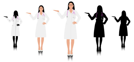 Hand drawn female healthcare worker. Happy smiling doctor in white coat with stethoscope. Medical worker pointed sideways. Vector flat style illustration set isolated on white