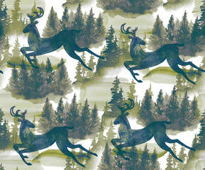 Deer running through the spruce forest. Seamless pattern hand-drawn in watercolor. Stock illustration - 634980090