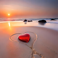 red heart shaped sea glass on white sand beach with seascape. Generative AI