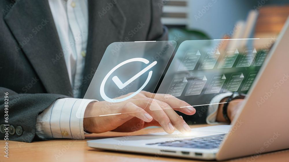 Aufkleber document management system (dms) concept. businessmen checklist, managing and access information in 