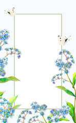 Field forget-me-not watercolor rectangle frame from delicate flowers and butterflies hand-drawn on light-blue background. Meadow wildflowers for inscription, congratulation, invitation, cards. Floral