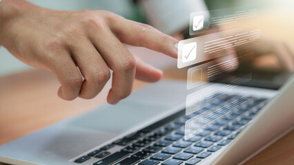 Document Management System (DMS) concept. Businessmen checklist, managing and access information in online exam standards and document Control for company database access