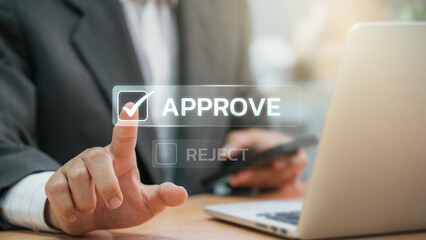 Businessmen point to tick correct sign mark in checkbox for approve quality document and project...