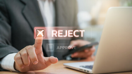 Businessmen point to tick correct sign mark in checkbox for reject quality document and project...