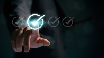 Businessmen point to tick correct sign mark in checkbox for approve quality document and project control. Excellence in document correction, ensuring quality and ISO certification for top Service