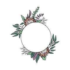 Hand drawn colorful line art tropical protea flower round frame. Floral wreath greeting card template