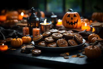Pumpkin and chocolate Halloween cookies Holiday concept