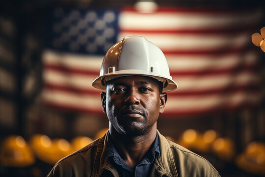 Portrait of a worker with safety helmet and American flag as background - Powered by Adobe