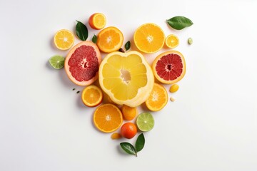 Citrus fruit heart on white background, vegan theme. Generative AI