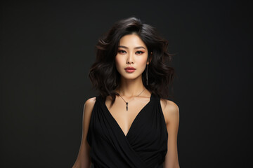 Naklejka premium Portrait of Asian model with curly hair black background