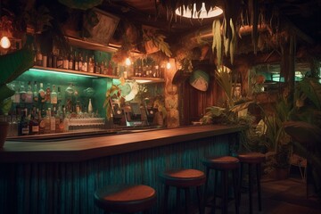 A tropical bar with a lively and exotic ambiance. Generative AI