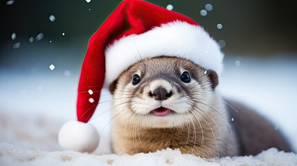 Christmas animal joyful card. A heart-melting sight of a lovable animal wearing a Santa Claus red hat, its cheerful smile evoking the warmth of the season. Generative AI. 