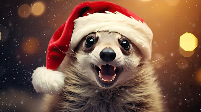 A heartwarming image of a funny dog adorned with a Santa Claus red hat, its expression radiating the magic of the holiday season. Christmas animal illustration. Generative AI. 