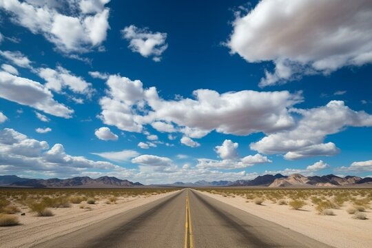 A desert highway under blue skies and clouds. Generative AI