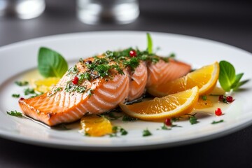 Image of a delicious salmon dish adorned with green herbs and lemon slices served on a white plate. Generative AI