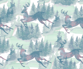 Deer running through the spruce forest. Seamless pattern hand-drawn in watercolor. Stock illustration