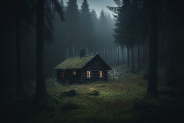 a haunting cabin in a dark forest during a storm. a chilling wooden hut. Generative AI - obrazy, fototapety, plakaty