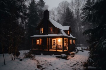 A warm cabin in a snowy forest with a blazing hearth for a winter getaway. Generative AI