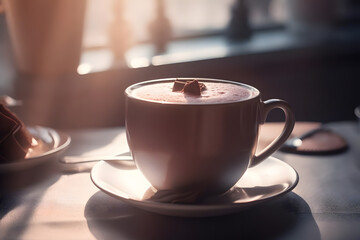 cup of hot chocolate, sun is shining into the room