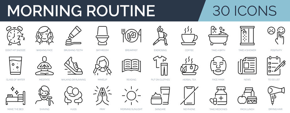 Set of 30 outline icons related to morning routine. Linear icon collection. Editable stroke. Vector illustration