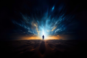 Fototapeta premium Silhouette of a man standing at night and looking at starry sky.