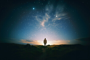 Man standing on the mountain at night with starry sky and Milky Way - obrazy, fototapety, plakaty