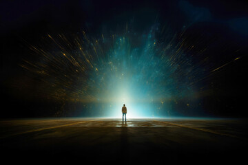 Man standing in front of a glowing portal